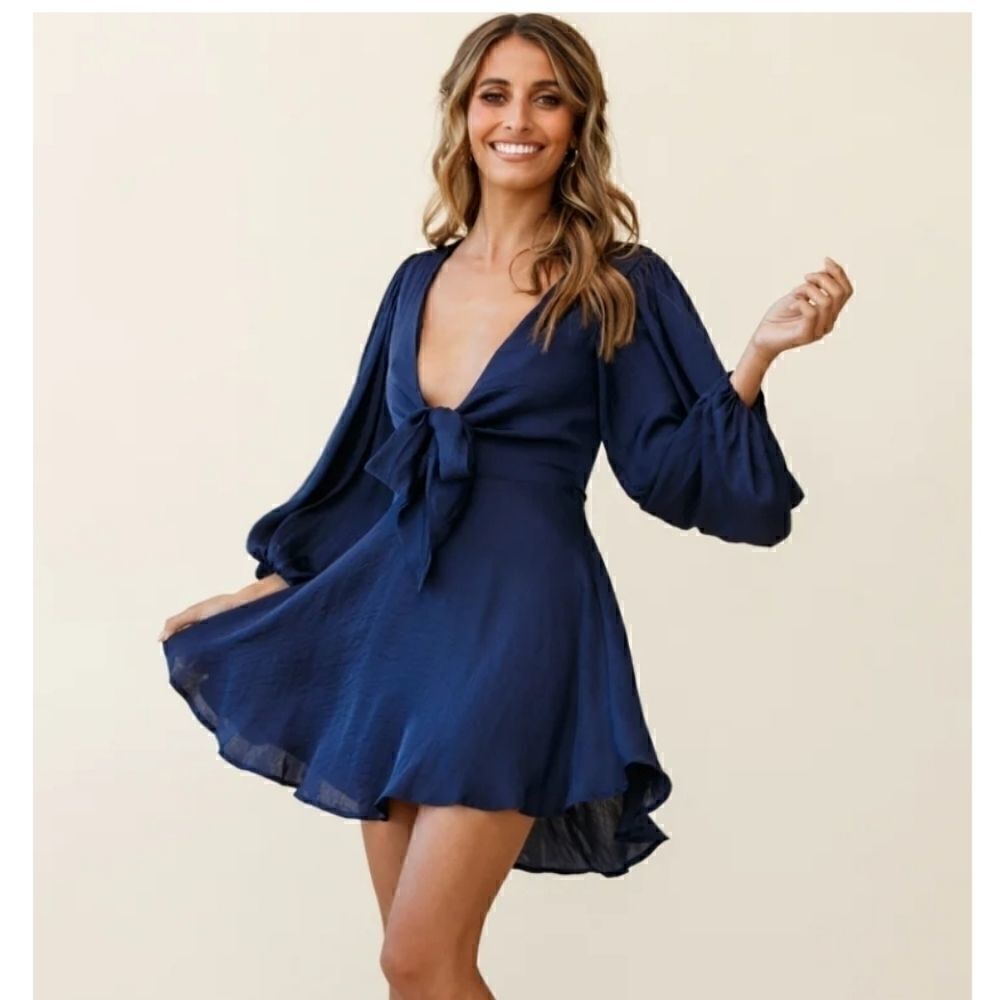 NWT SAINTS + SECRETS Balloon Sleeves Tie Front Flowy Navy Mini Dress Size Small